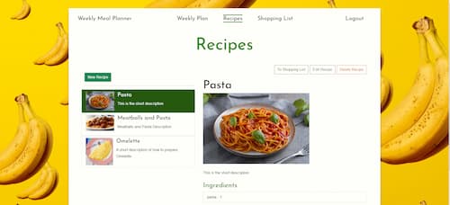 Screenshot of an Angular-based meal planner app showing a recipe list, recipe details with an image, and buttons to edit or add to a shopping list.